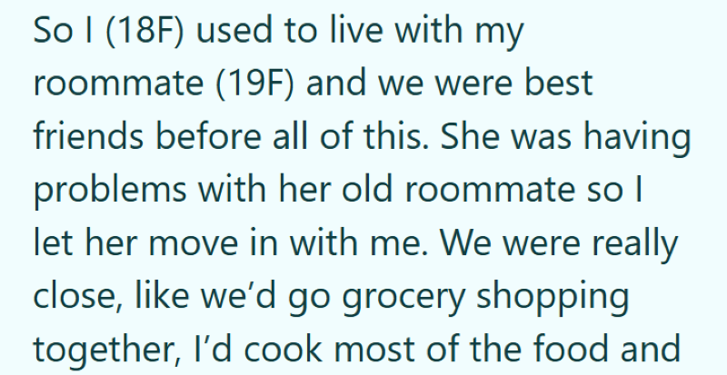 So I (18F) used to live with my roommate (19F) and we were best friends before all of this. She was having problems with her old roommate so I let her move in with me. We were really close, like we'd go grocery shopping together, I'd cook most of the food and