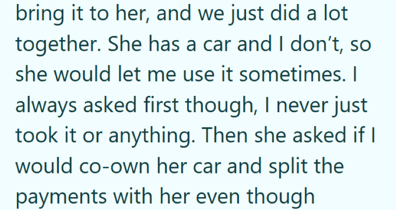 bring it to her, and we just did a lot together. She has a car and I don't, so she would let me use it sometimes. I always asked first though, I never just took it or anything. Then she asked if I would co-own her car and split the payments with her even though