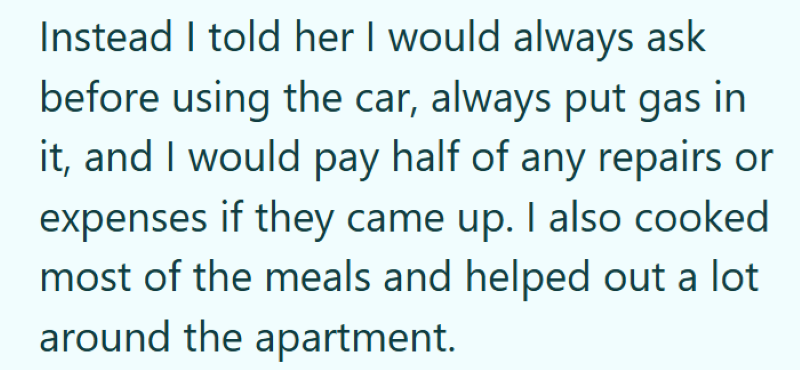 Instead I told her I would always ask before using the car, always put gas in it, and I would pay half of any repairs or expenses if they came up. I also cooked most of the meals and helped out a lot around the apartment.