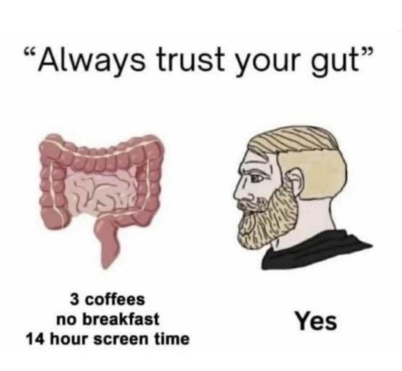 "Always trust your gut" 3 coffees no breakfast 14 hour screen time Yes