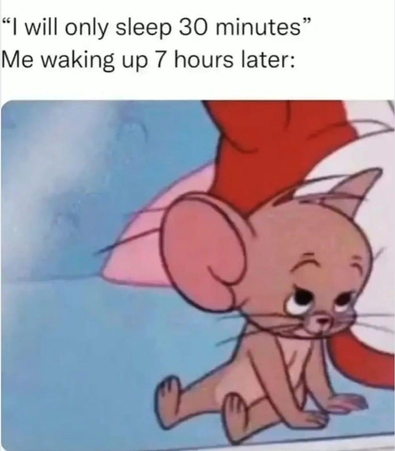 "I will only sleep 30 minutes" Me waking up 7 hours later: