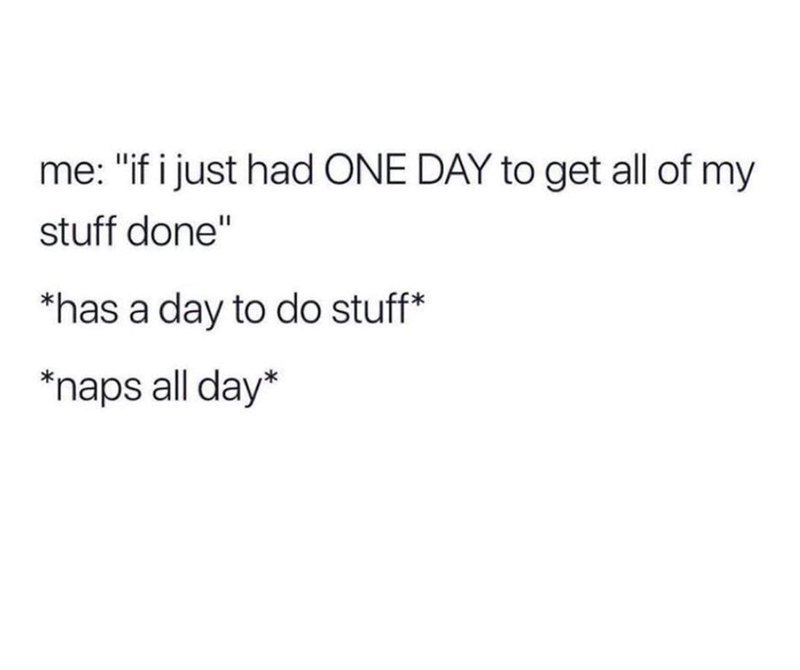 me: "if i just had ONE DAY to get all of my stuff done" *has a day to do stuff* *naps all day*