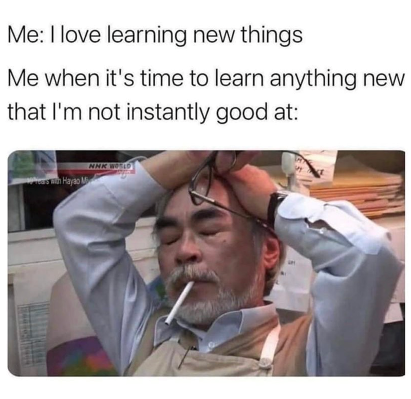 Me: I love learning new things. Me when it's time to learn anything new that I'm not instantly good at: Years with Hayao M NNK WORLD