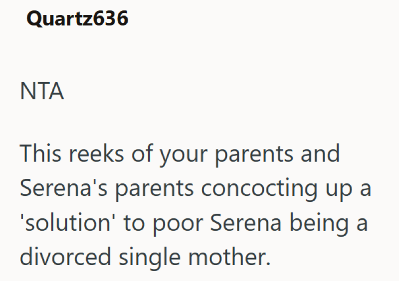 Quartz636 ΝΤΑ This reeks of your parents and Serena's parents concocting up a 'solution' to poor Serena being a divorced single mother.