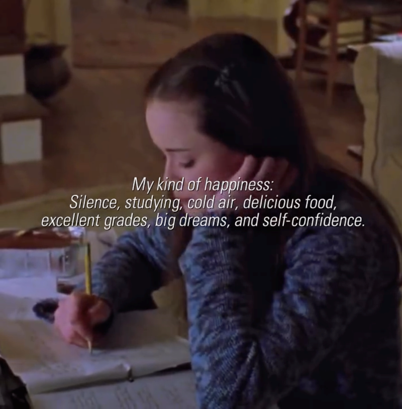 My kind of happiness: Silence, studying, cold air, delicious food, excellent grades, big dreams, and self-confidence.