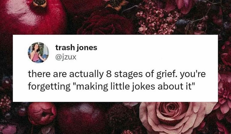 trash jones @jzux there are actually 8 stages of grief. you're forgetting "making little jokes about it"