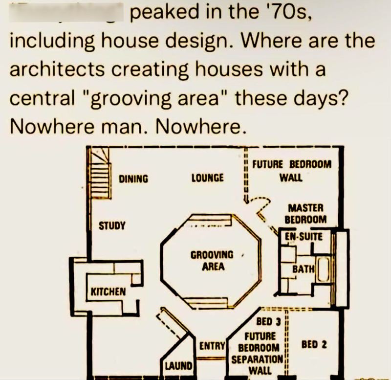 peaked in the '70s, including house design. Where are the architects creating houses with a central "grooving area" these days? Nowhere man. Nowhere. DINING LOUNGE " FUTURE BEDROOM WALL MASTER BEDROOM STUDY EN-SUITE GROOVING AREA BATH KITCHEN BED 3 FUTURE ENTRY BEDROOM SEPARATION LAUND WALL BED 2