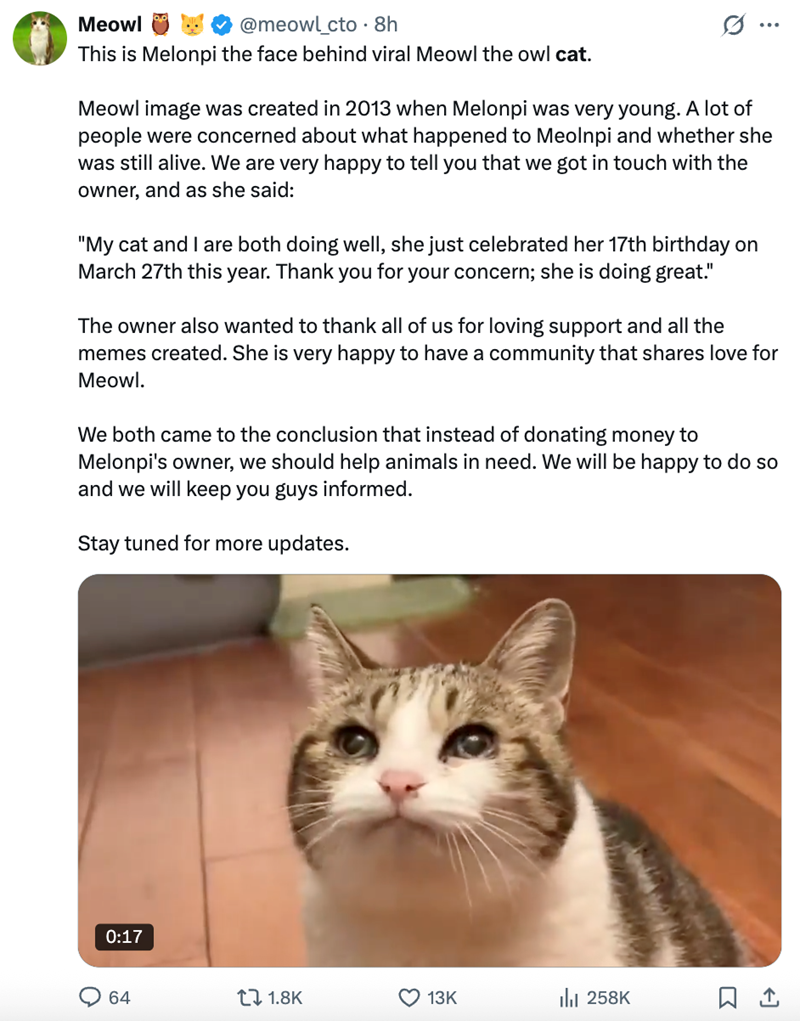 Meowl @meowl_cto 8h This is Melonpi the face behind viral Meowl the owl cat. Meowl image was created in 2013 when Melonpi was very young. A lot of people were concerned about what happened to Meolnpi and whether she was still alive. We are very happy to tell you that we got in touch with the owner, and as she said: "My cat and I are both doing well, she just celebrated her 17th birthday on March 27th this year. Thank you for your concern; she is doing great." The owner also wanted to thank all o