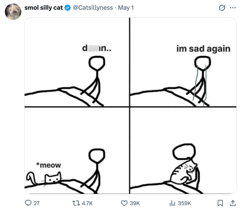 smol silly cat @Catsillyness • May 1 . *meow d in.. im sad again ... 27 tz 4.7K 39K Il 359K ☐ 1