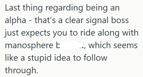 Last thing regarding being an alpha- that's a clear signal boss just expects you to ride along with manosphere b which seems like a stupid idea to follow through.