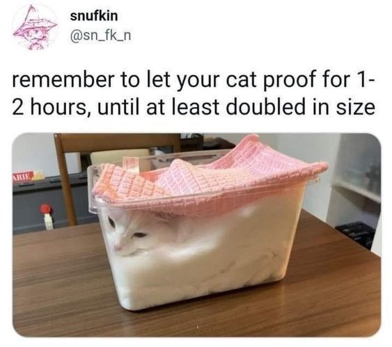 snufkin @sn_fk_n remember to let your cat proof for 1- 2 hours, until at least doubled in size ARIE