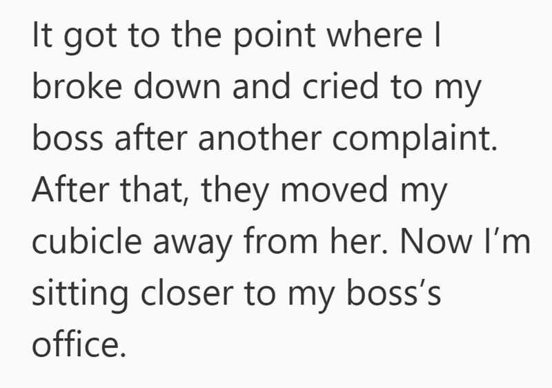 It got to the point where I broke down and cried to my boss after another complaint. After that, they moved my cubicle away from her. Now I'm sitting closer to my boss's office.