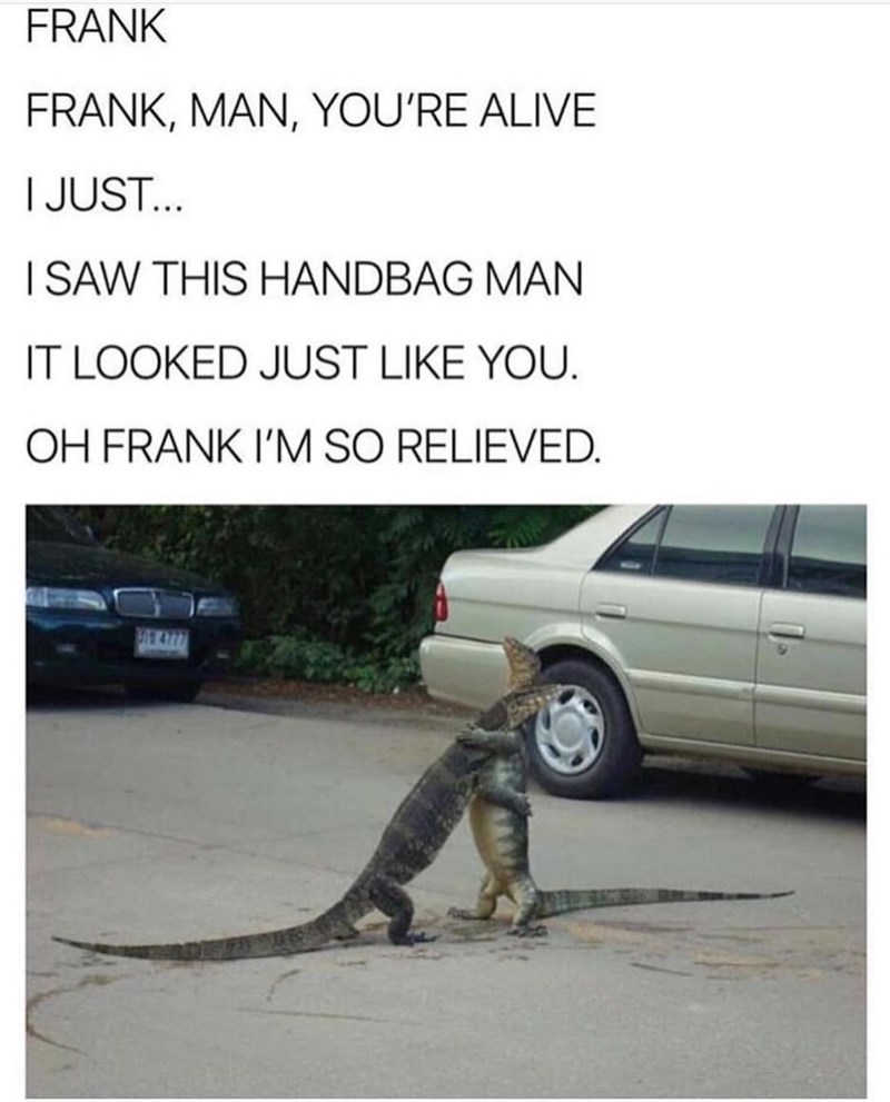 FRANK FRANK, MAN, YOU'RE ALIVE I JUST... I SAW THIS HANDBAG MAN IT LOOKED JUST LIKE YOU. OH FRANK I'M SO RELIEVED. 51 4777