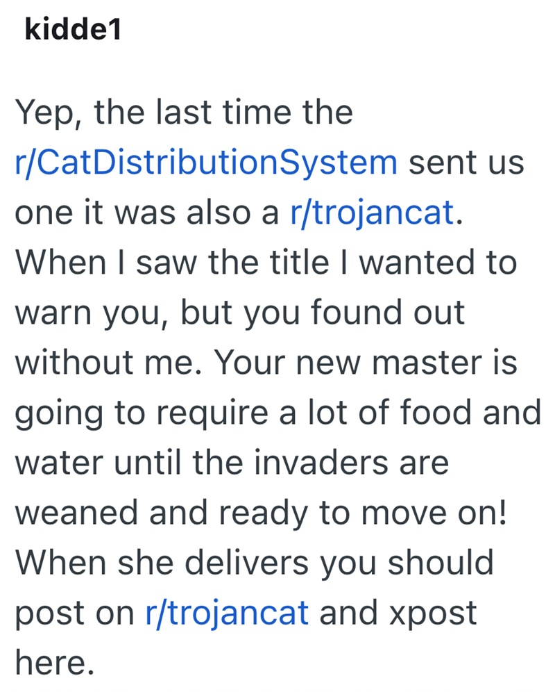 kidde1 Yep, the last time the r/CatDistribution System sent us one it was also a r/trojancat. When I saw the title I wanted to warn you, but you found out without me. Your new master is going to require a lot of food and water until the invaders are weaned and ready to move on! When she delivers you should post on r/trojancat and xpost here.