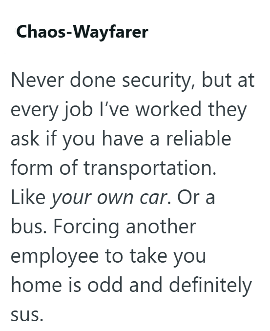 Chaos-Wayfarer Never done security, but at every job I've worked they ask if you have a reliable form of transportation. Like your own car. Or a bus. Forcing another employee to take you home is odd and definitely sus.