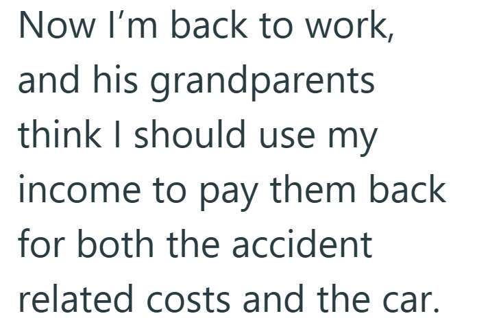 Now I'm back to work, and his grandparents think I should use my income to pay them back for both the accident related costs and the car.