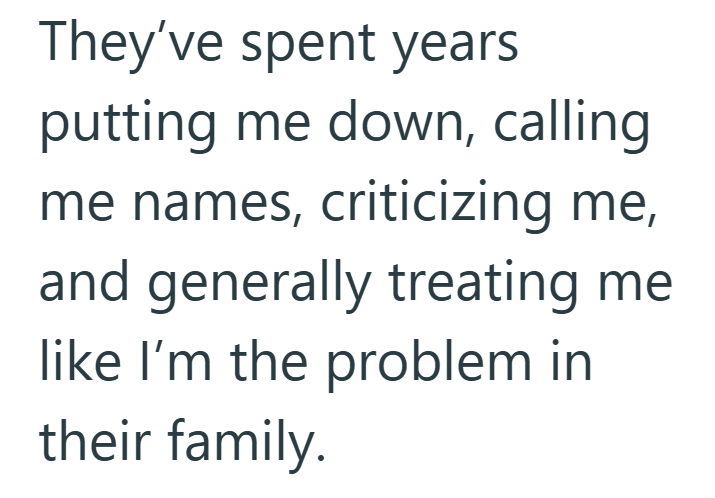 They've spent years putting me down, calling me names, criticizing me, and generally treating me like I'm the problem in their family.