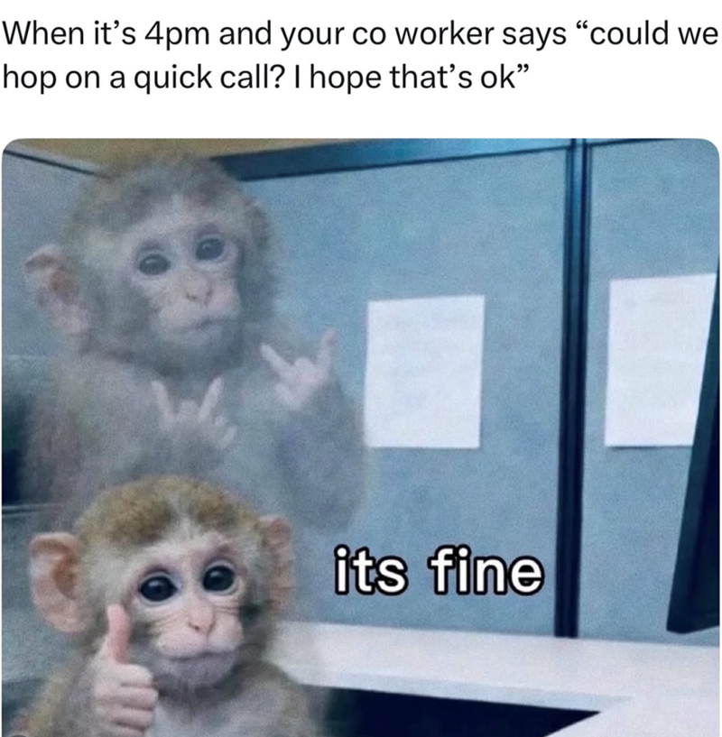 When it's 4pm and your co worker says "could we hop on a quick call? I hope that's ok❞ its fine