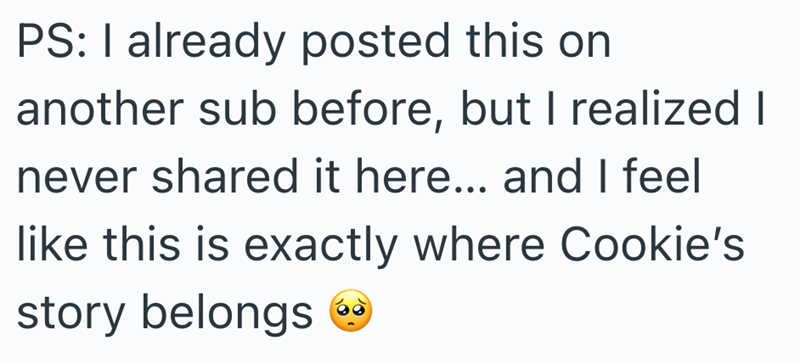 PS: I already posted this on another sub before, but I realized I never shared it here... and I feel like this is exactly where Cookie's story belongs