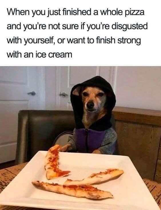 When you just finished a whole pizza and you're not sure if you're disgusted with yourself, or want to finish strong with an ice cream