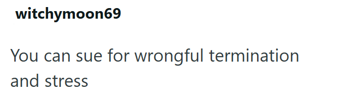 witchymoon69 You can sue for wrongful termination and stress
