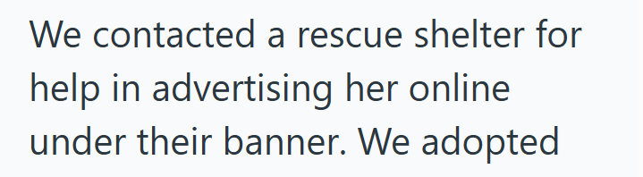 We contacted a rescue shelter for help in advertising her online under their banner. We adopted