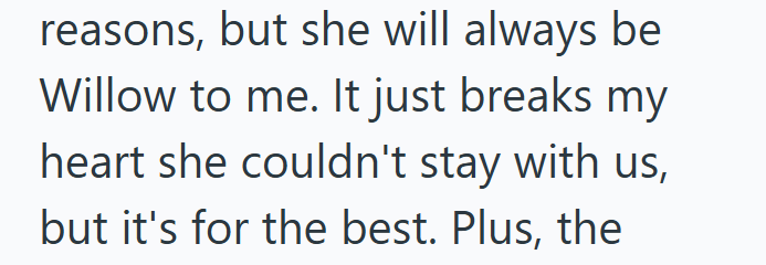 reasons, but she will always be Willow to me. It just breaks my heart she couldn't stay with us, but it's for the best. Plus, the
