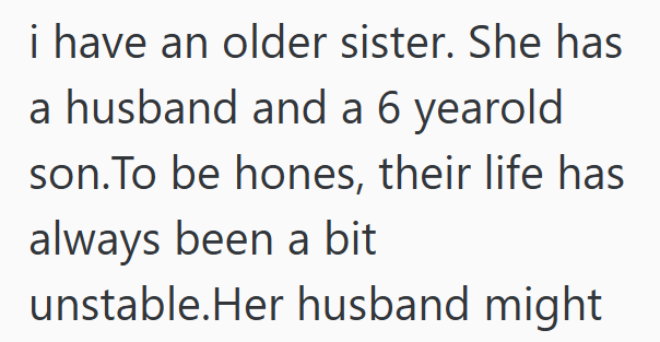 i have an older sister. She has a husband and a 6 yearold son. To be hones, their life has always been a bit unstable.Her husband might