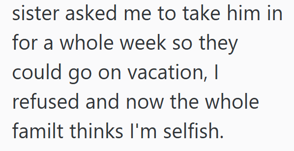 sister asked me to take him in for a whole week so they could go on vacation, I refused and now the whole familt thinks I'm selfish.