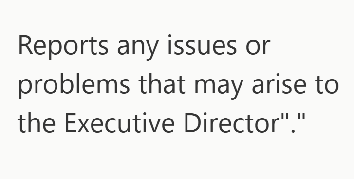 Reports any issues or problems that may arise to the Executive Director"."