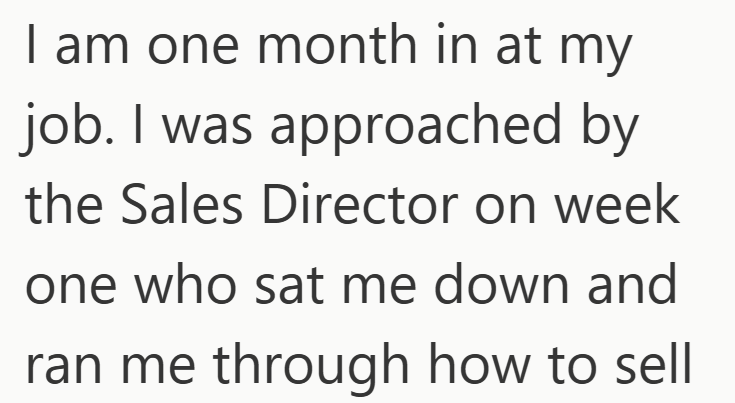 I am one month in at my job. I was approached by the Sales Director on week one who sat me down and ran me through how to sell
