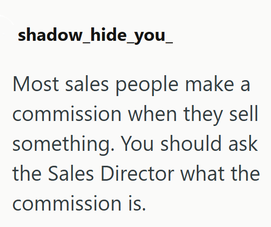 shadow_hide_you_ Most sales people make a commission when they sell something. You should ask the Sales Director what the commission is.