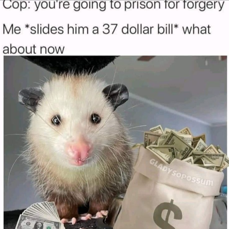 Cop: you're going to prison for forgery Me *slides him a 37 dollar bill* what about now GLADY SOPOSSUM