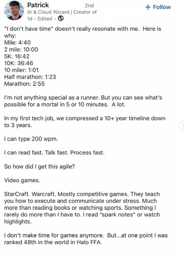 Patrick 2nd Al & Cloud Wizard | Creator of 1d Edited + Follow "I don't have time" doesn't really resonate with me. Here is why: Mile: 4:40 2 mile: 10:00 5K: 16:42 10K: 36:46 10 miler: 1:01 Half marathon: 1:23 Marathon: 2:55 I'm not anything special as a runner. But you can see what's possible for a mortal in 5 or 10 minutes. A lot. In my first tech job, we compressed a 10+ year timeline down to 3 years. I can type 200 wpm. I can read fast. Talk fast. Process fast. So how did I get this agile? Vi