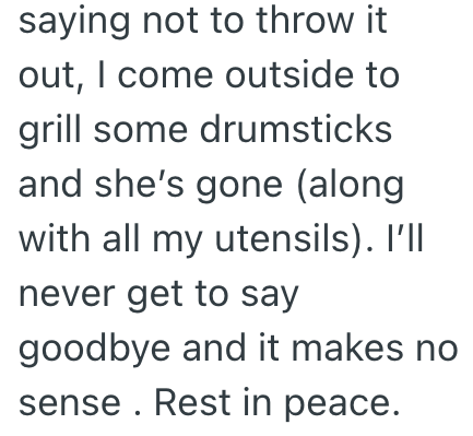saying not to throw it out, I come outside to grill some drumsticks and she's gone (along with all my utensils). I'll never get to say goodbye and it makes no sense. Rest in peace.