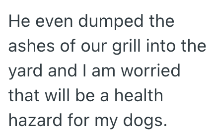 He even dumped the ashes of our grill into the yard and I am worried that will be a health hazard for my dogs.