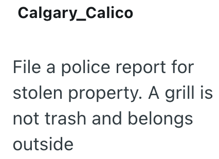 Calgary Calico File a police report for stolen property. A grill is not trash and belongs outside