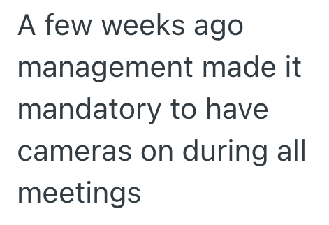 A few weeks ago management made it mandatory to have cameras on during all meetings