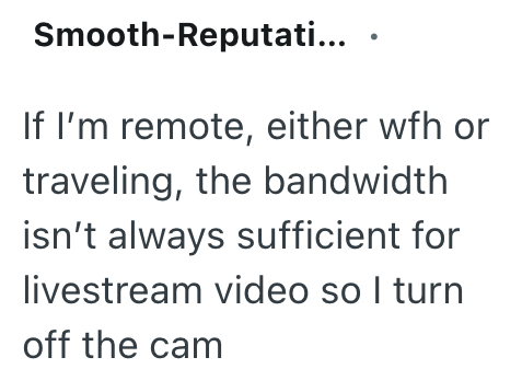 Smooth-Reputati... If I'm remote, either wfh or traveling, the bandwidth isn't always sufficient for livestream video so I turn off the cam