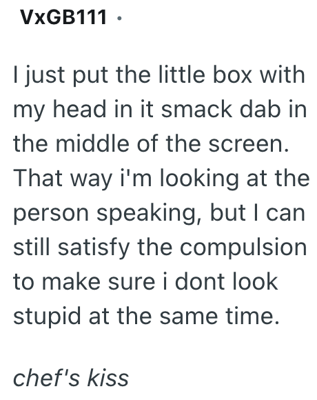 VXGB111. I just put the little box with my head in it smack dab in the middle of the screen. That way i'm looking at the person speaking, but I can still satisfy the compulsion to make sure i dont look stupid at the same time. chef's kiss