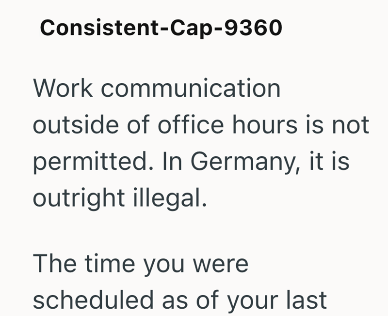 Consistent-Cap-9360 Work communication outside of office hours is not permitted. In Germany, it is outright illegal. The time you were scheduled as of your last
