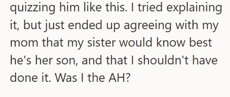 quizzing him like this. I tried explaining it, but just ended up agreeing with my mom that my sister would know best he's her son, and that I shouldn't have done it. Was I the AH?