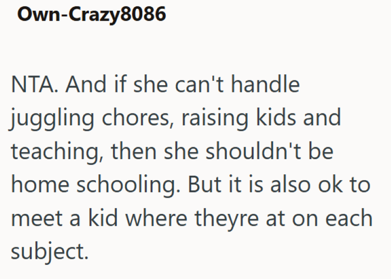 Own-Crazy8086 NTA. And if she can't handle juggling chores, raising kids and teaching, then she shouldn't be home schooling. But it is also ok to meet a kid where theyre at on each subject.