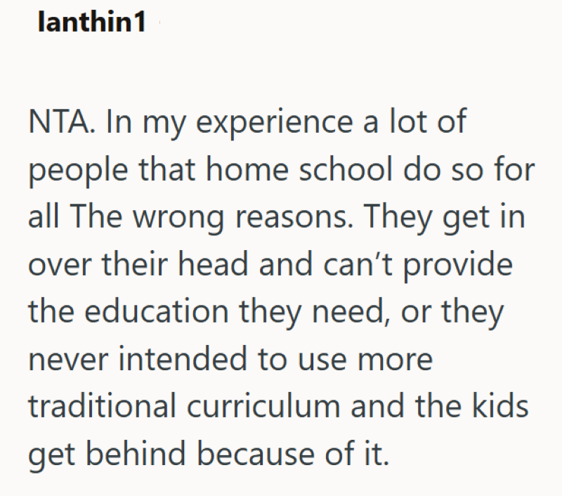 lanthin1 NTA. In my experience a lot of people that home school do so for all The wrong reasons. They get in over their head and can't provide the education they need, or they never intended to use more traditional curriculum and the kids get behind because of it.