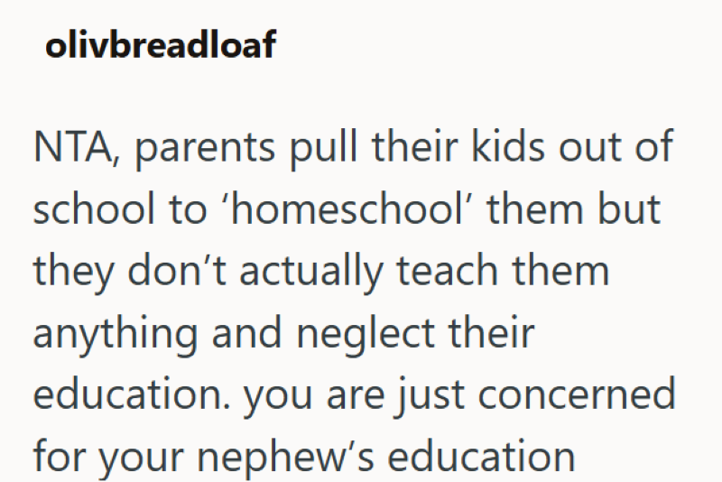 olivbreadloaf NTA, parents pull their kids out of school to 'homeschool' them but they don't actually teach them anything and neglect their education. you are just concerned for your nephew's education