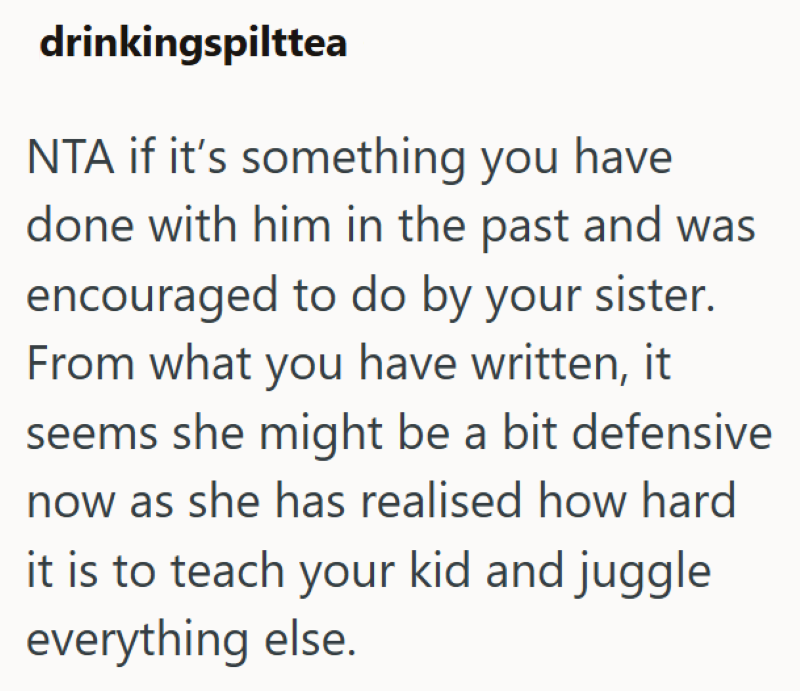 drinkingspilttea NTA if it's something you have done with him in the past and was encouraged to do by your sister. From what you have written, it seems she might be a bit defensive now as she has realised how hard it is to teach your kid and juggle everything else.