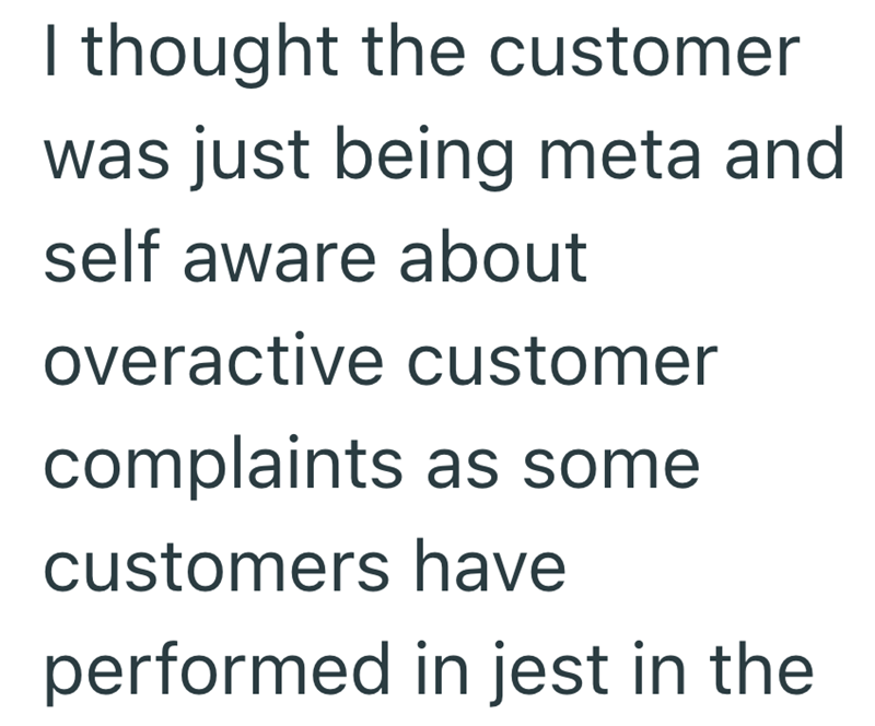 I thought the customer was just being meta and self aware about overactive customer complaints as some customers have performed in jest in the