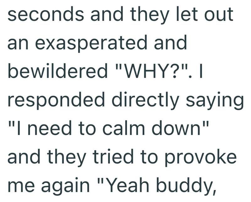 seconds and they let out an exasperated and bewildered "WHY?". I responded directly saying "I need to calm down" and they tried to provoke me again "Yeah buddy,