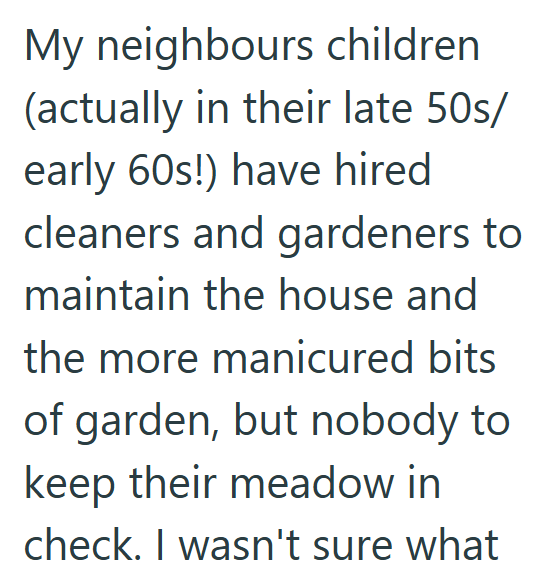 My neighbours children (actually in their late 50s/ early 60s!) have hired cleaners and gardeners to maintain the house and the more manicured bits of garden, but nobody to keep their meadow in check. I wasn't sure what