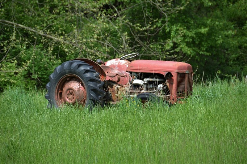 Red tractor on green grass field during daytime